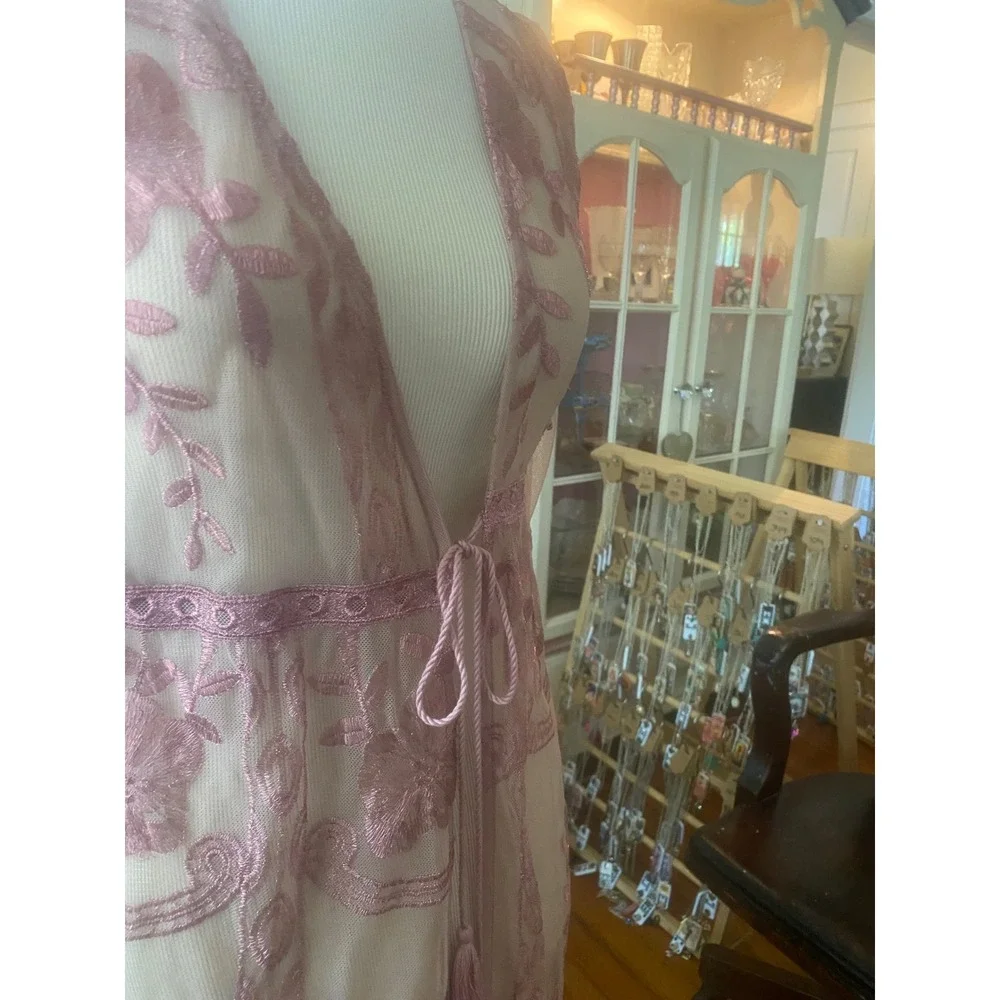 Haute Monde‎ swim coverup Sz S  Mesh pink embroidery Sheer Tassel Tie Kimono